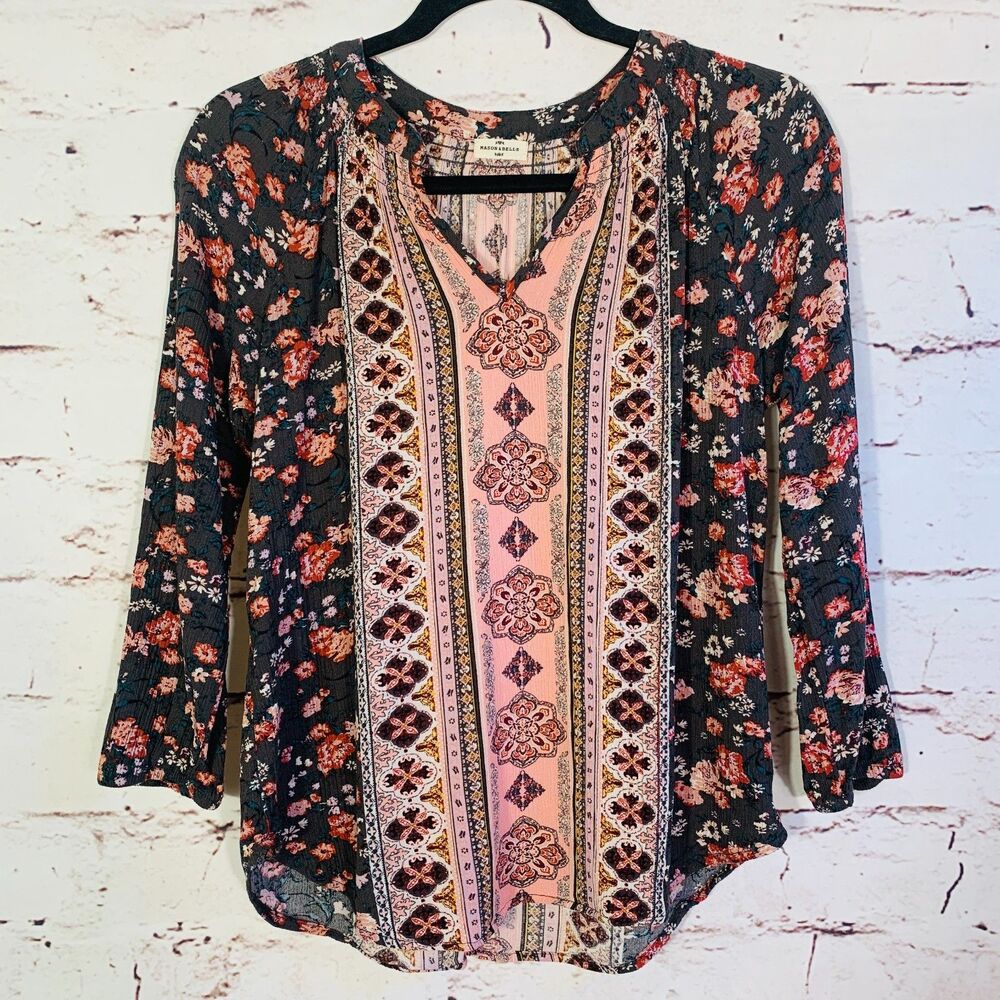 Mason Belle Boho Floral Print Peasant Blouse Top Size Small Festival Cottagecore